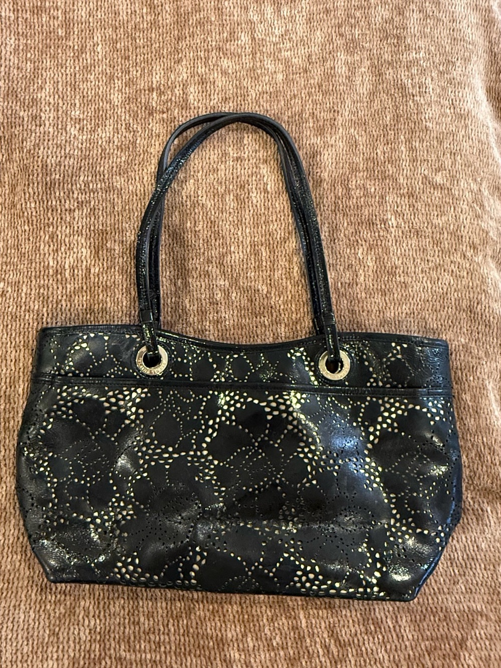 Elaine Turner Black Gold Perforated Patent Tote Bag Large Shoulder Purse